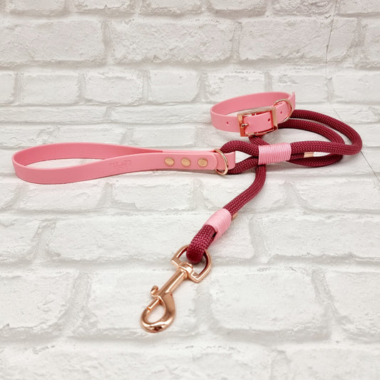BURGUNDY & BABY PINK - Premium Rope & BioThane® Dog Collar/Lead/Set/Bundles