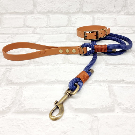NAVY & LIGHT BROWN - Premium Rope & BioThane® Dog Collar/Lead/Set/Bundles