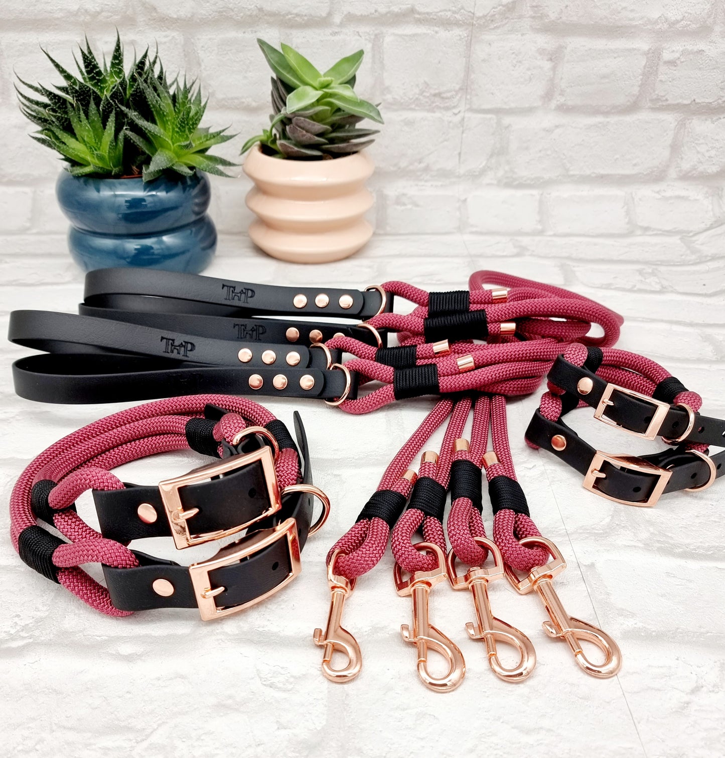 BURGUNDY & BLACK - Premium Rope & BioThane® Dog Collar/Lead/Set/Bundles