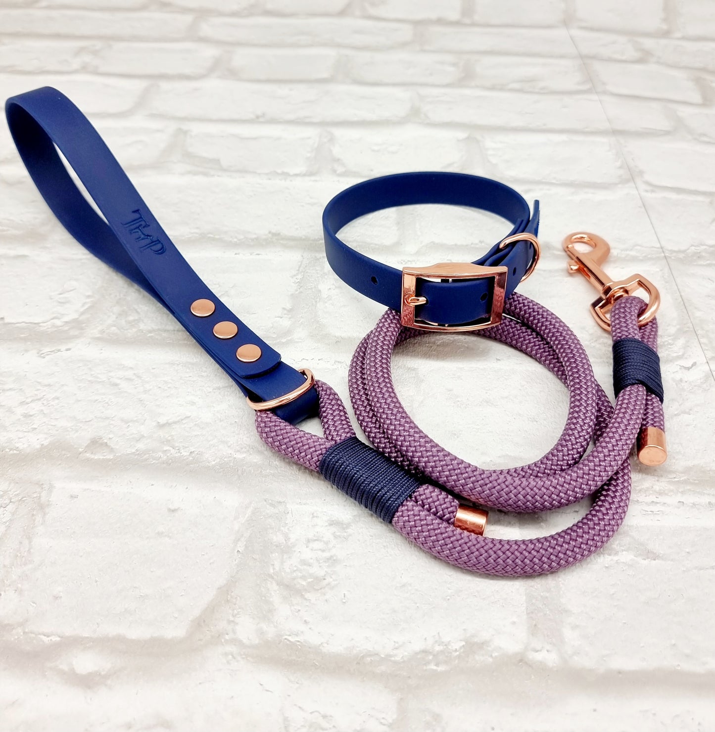 MAUVE & NAVY - Premium Rope & BioThane® Dog Collar/Lead/Set/Bundles