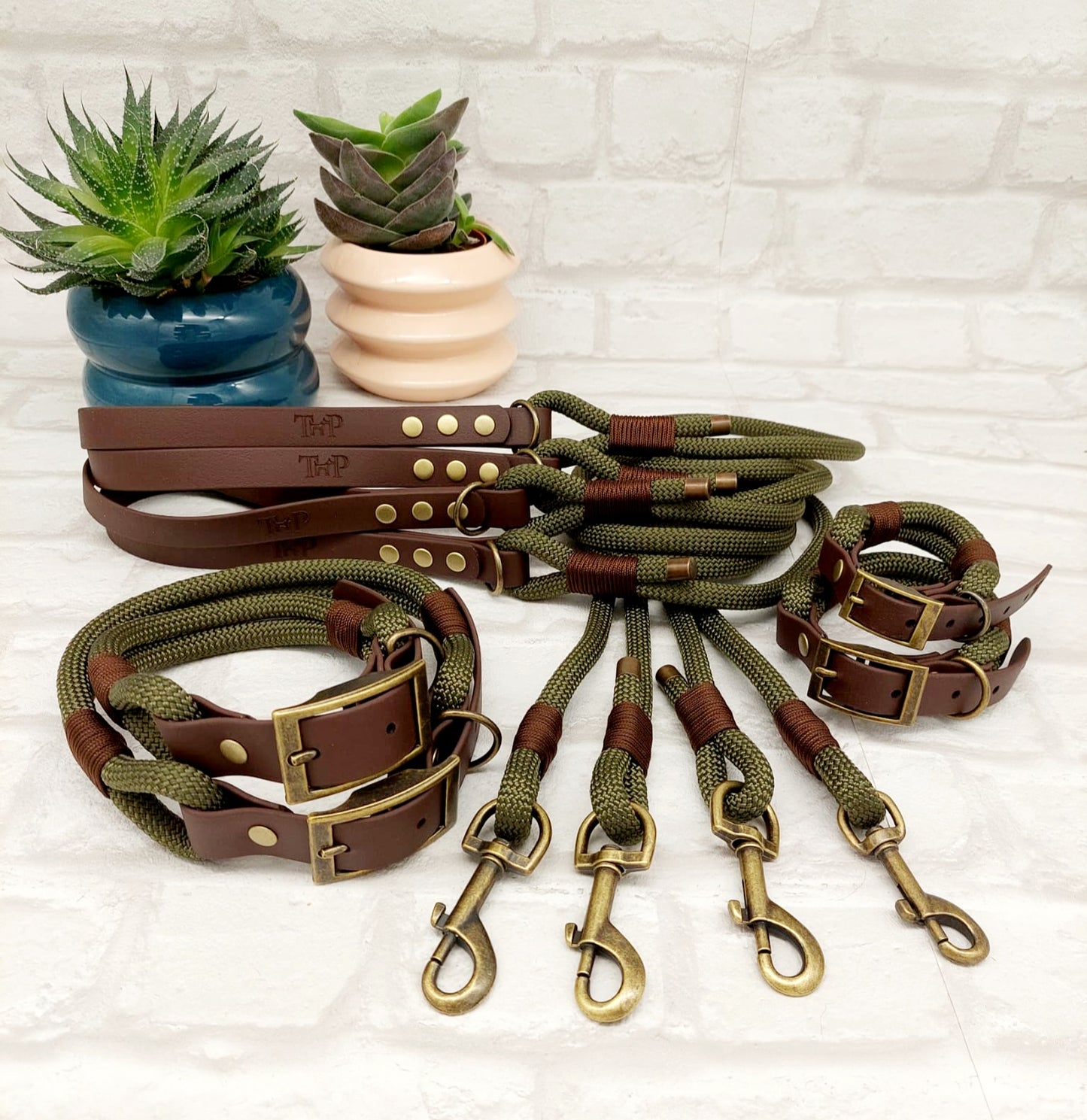 MILITARY GREEN & DK BROWN - Premium Rope & BioThane® Dog Collar/Lead/Set/Bundles